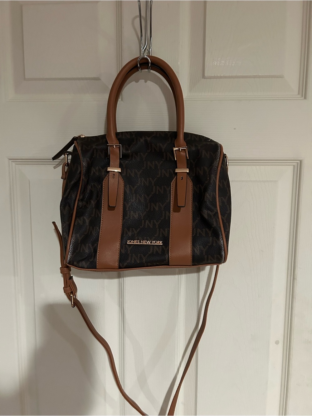 Jones New York Dark Brown Monogram Satchel with Tan Trim